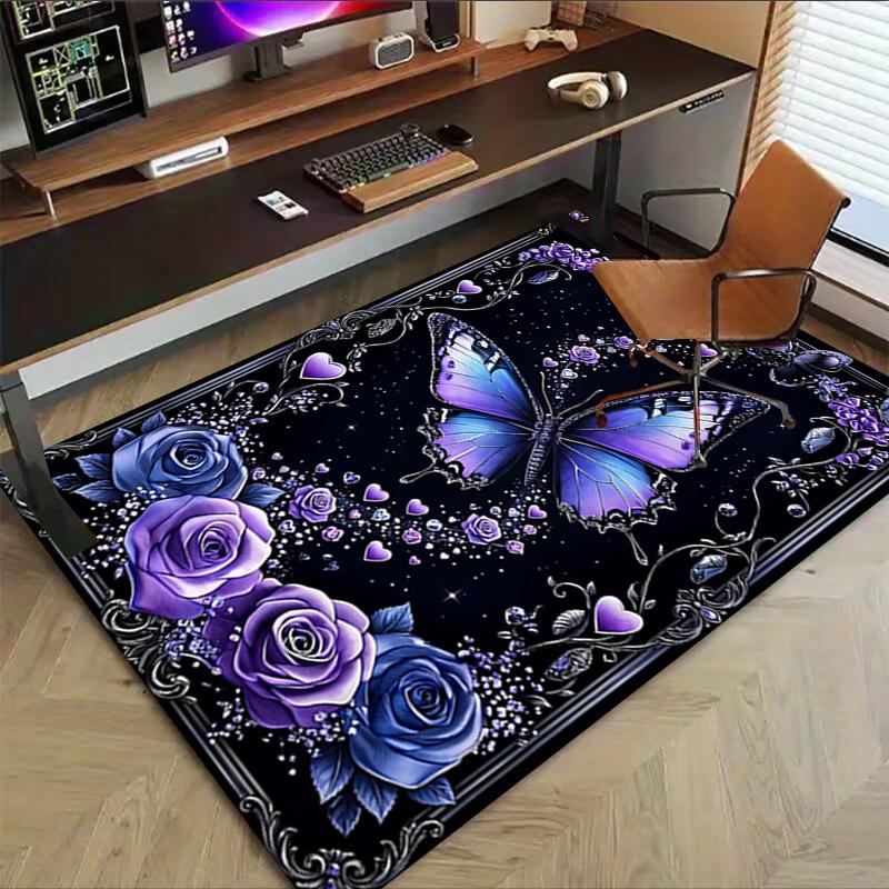 1PC Butterfly Roses Non-Slip Floor carpet, Office, family, bedroom, Studio - Large Area Rug, Decorative Mat, Longlasting Material-C0440