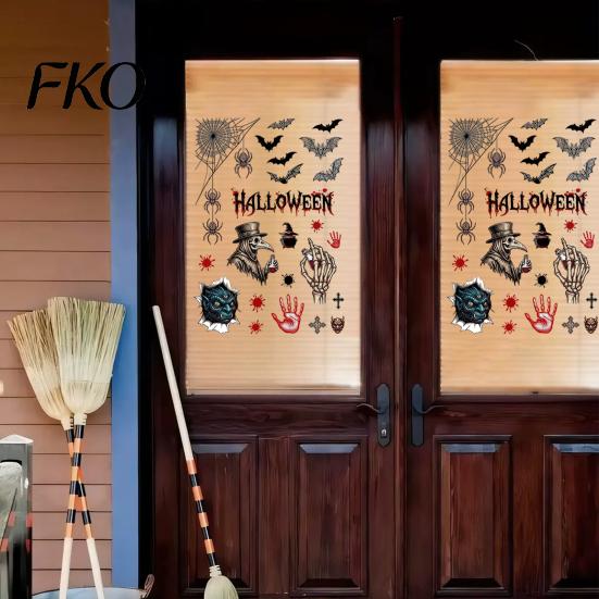 Halloween Stickers Electrostatic Glass Stickers, Skull Demon Blood Handprints Bats Scary Window Pattern Cling Clings, Spooky for Doors