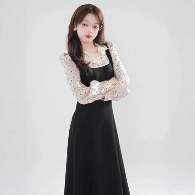 Large Size French Retro Age-reducing Polka Dots Contrasting Color Fake Two-piece Dress Women's Autumn New Thin Small Black Ins