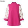 ZANZEA Women Stand Collar Floral Print Splice 3/4 Sleeve Blouse