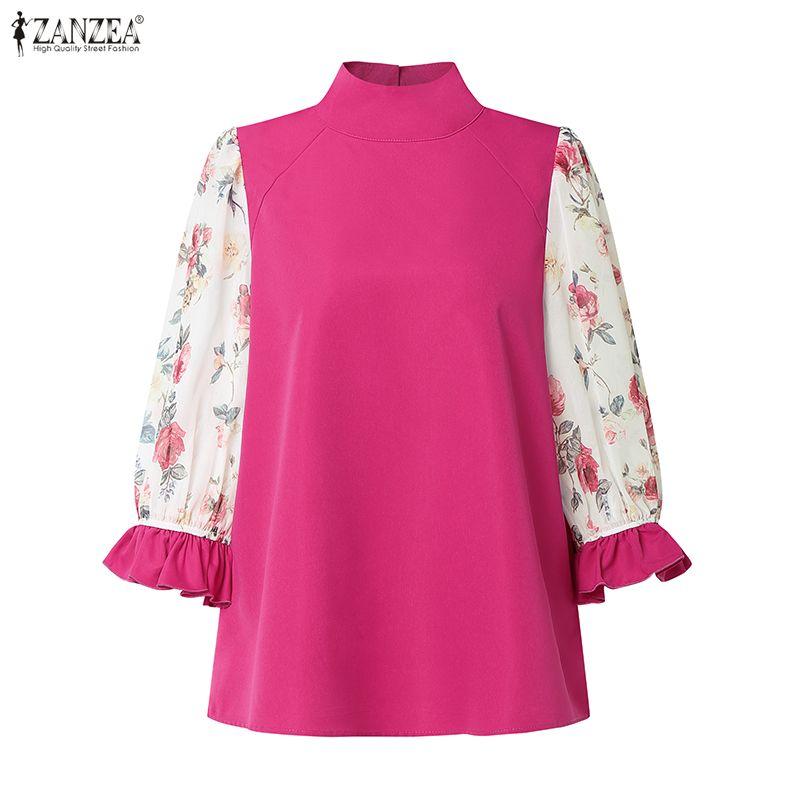 ZANZEA Women Stand Collar Floral Print Splice 3/4 Sleeve Blouse