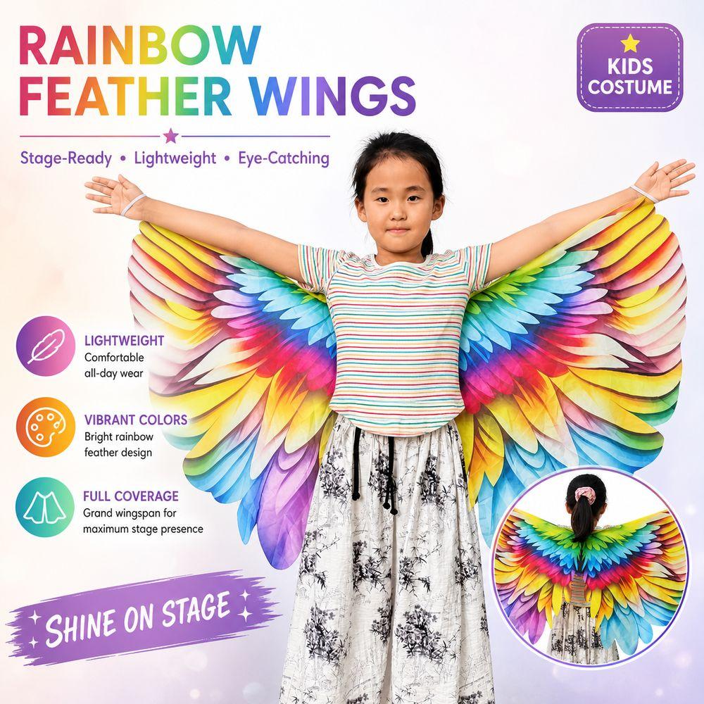 Bird Feather Print Rainbow Wing Cape Rainbow Pattern Dress Up Wings New Costume Cape Kids Dress Up