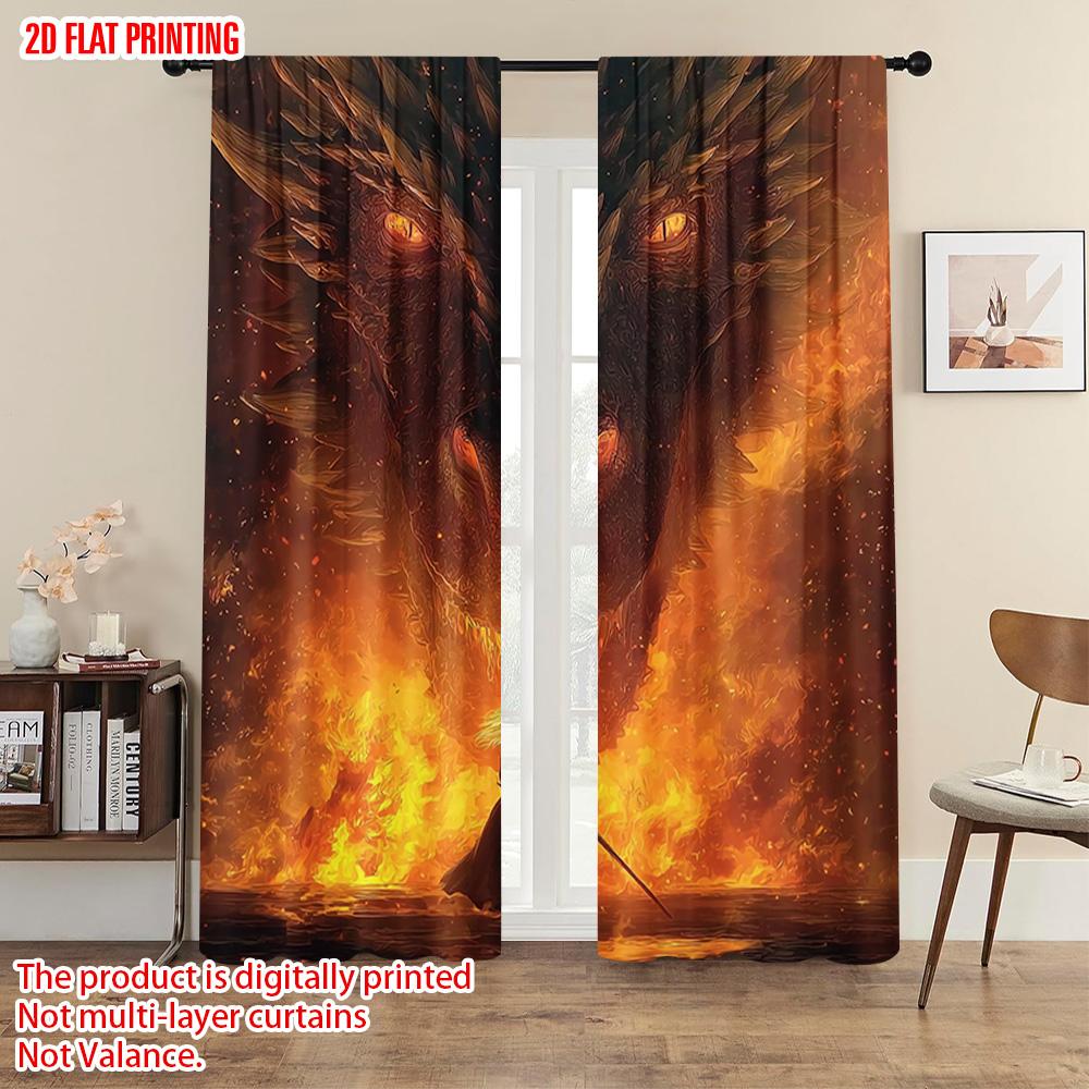 2pcs   plane printing Light Filtering Curtains Dragon and Knight Polyester Fabric (without rod) Room Decor Use for Living Room