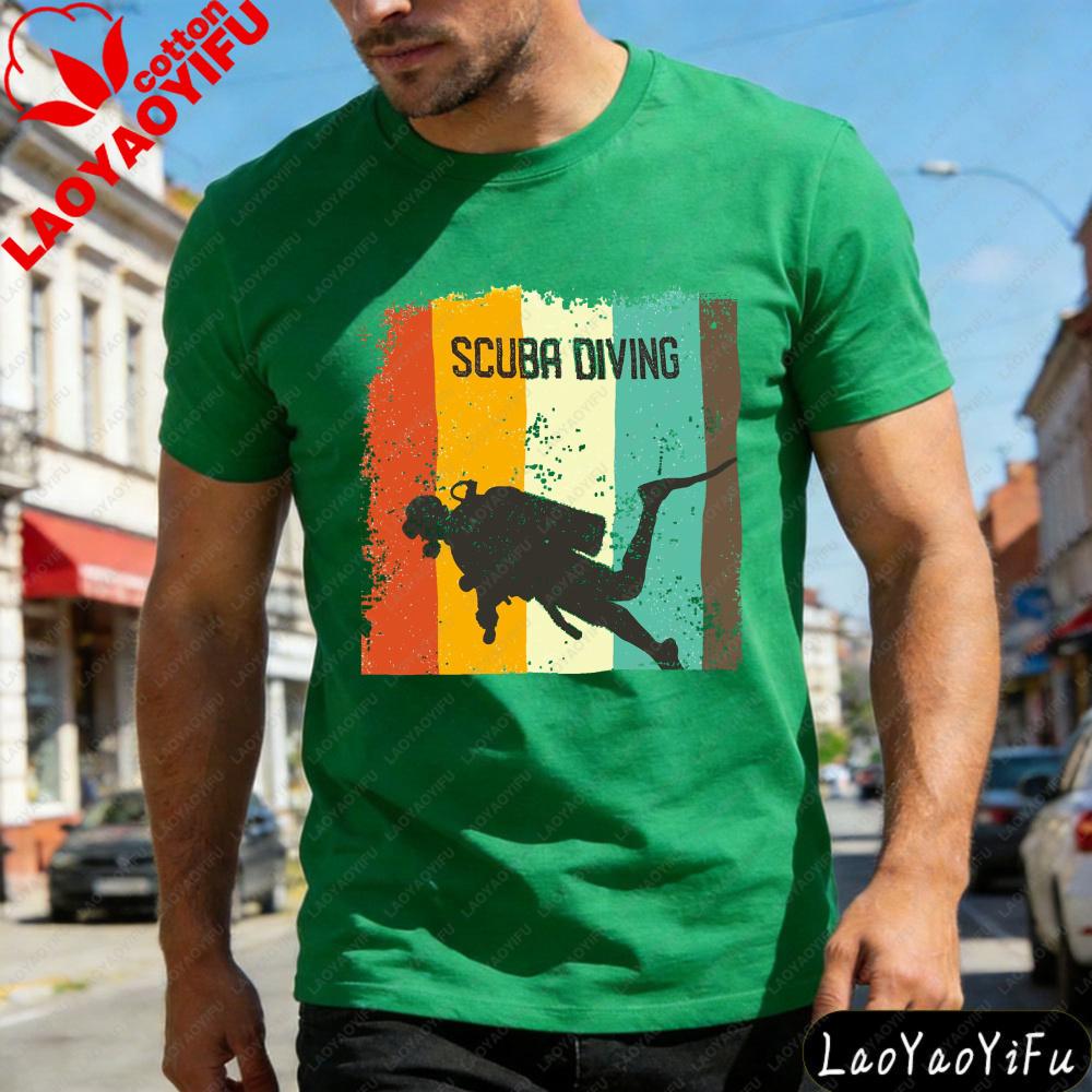 Scuba Diving Silhouette Rainbow Stripe Summer Men TShirt Vintage Style Casual Wear for Beach Outdoor Activities Gift
