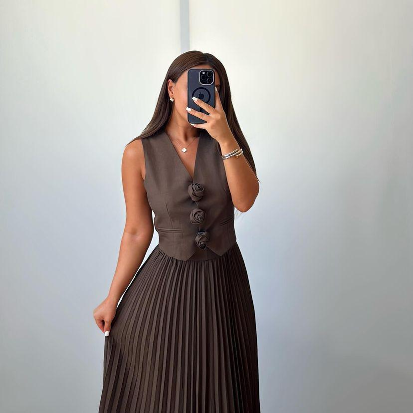 European & American Women's Sleeveless Vest and Pleated Long Sleeve Two-Piece Summer Set