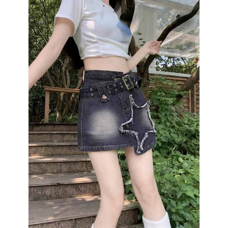 2000s Sreetwear Clothes Summer Women Black Gothic Denim Skirts Harajuku Mini Jean Skirt Vintage Y2k Aesthetic Oversize Skirt