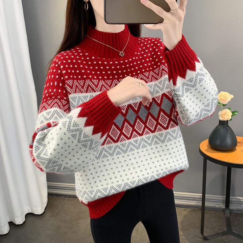 Korean Ethnic Style Jacquard Knit Sweater for Autumn/Winter 2025 - Women's Half-High Collar Loose Fit
