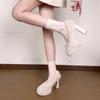 Autumn Winter 11CM High Heel Pumps for Women Platform Fur Shoes Women's Warm Chunky Heel Slip-on Fashion Footwear Beige Size34