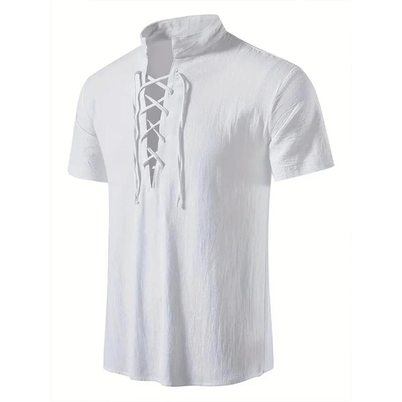 Men's Retro Shirt Short Sleeve Linen Lightweight Breathable Solid Color Fashion Pirate V Neck Stylish Shirs