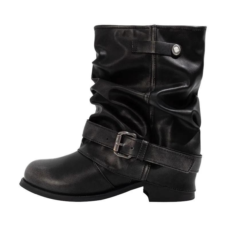 

Женские осенние новые ботильоны с круглым носком, металлической пряжкой ремня, плиссировкой, наборным винтажным блочным каблуком 35