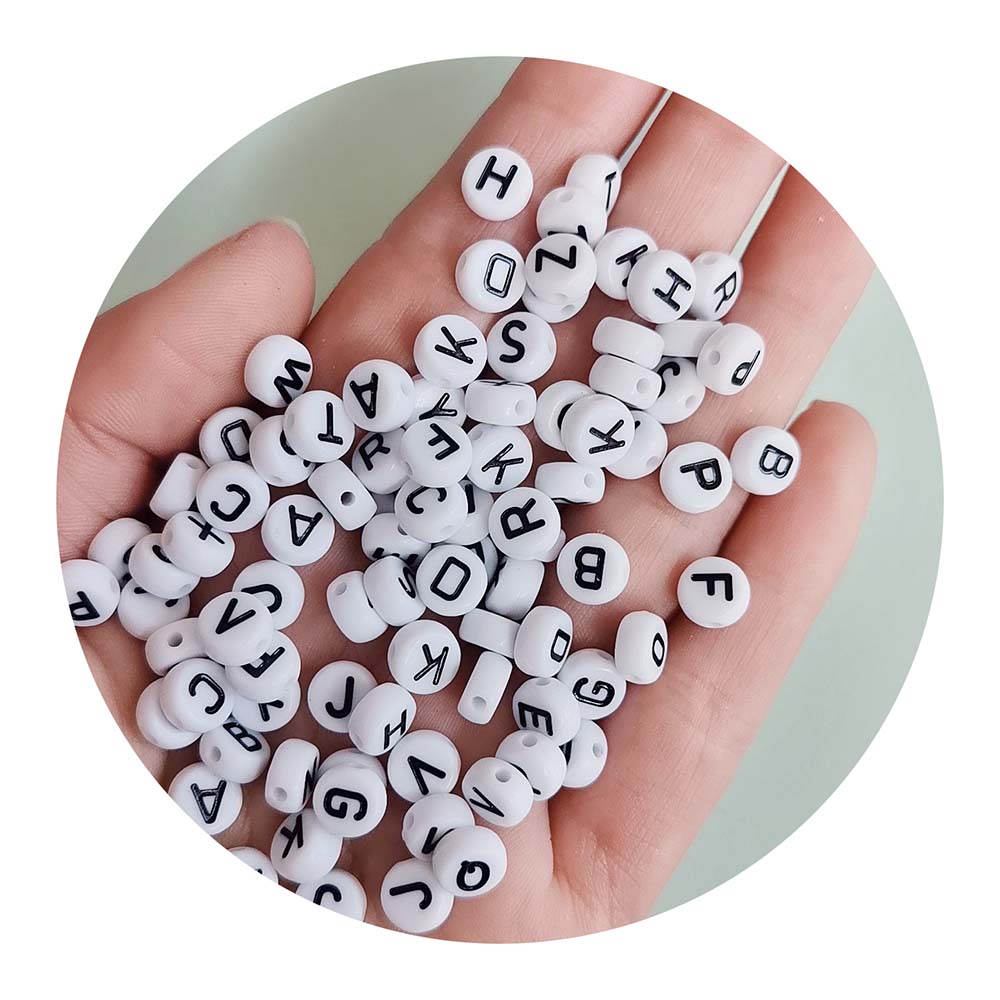 7mm White Flat Black Letters 100pcs Coin Spacer Beads Acrylic Plastic Jewelry Making DIY Bracelet Necklace