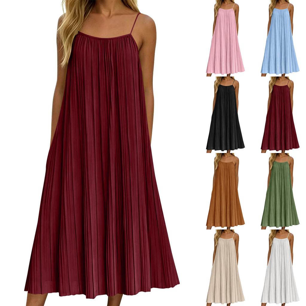 Damen Casual Ärmelloses Plissiertes Träger-Midikleid Lockere Passform