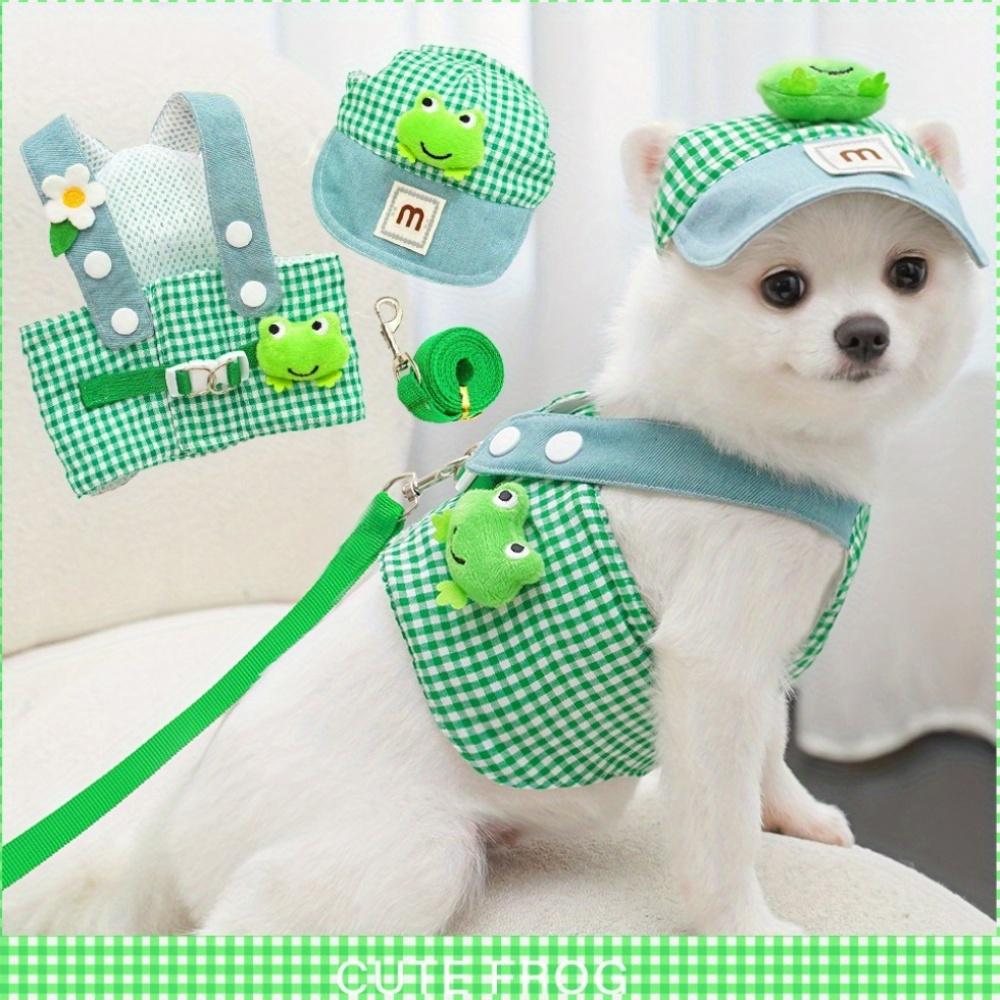 Green plaid frog pet 3-piece set (hat, overalls, leash). Breathable, stylish for spring/summer outings, walks and photos.