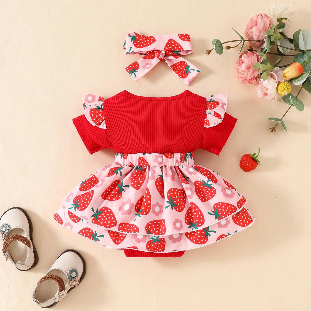 Summer 2026 Strawberry Bear Ribbed Triangle Romper with Faux Straps