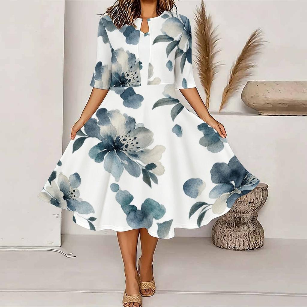 Women Plus Size Two Piece Dress Set V Neck Floral Printed Red Poppy White Midi Dress