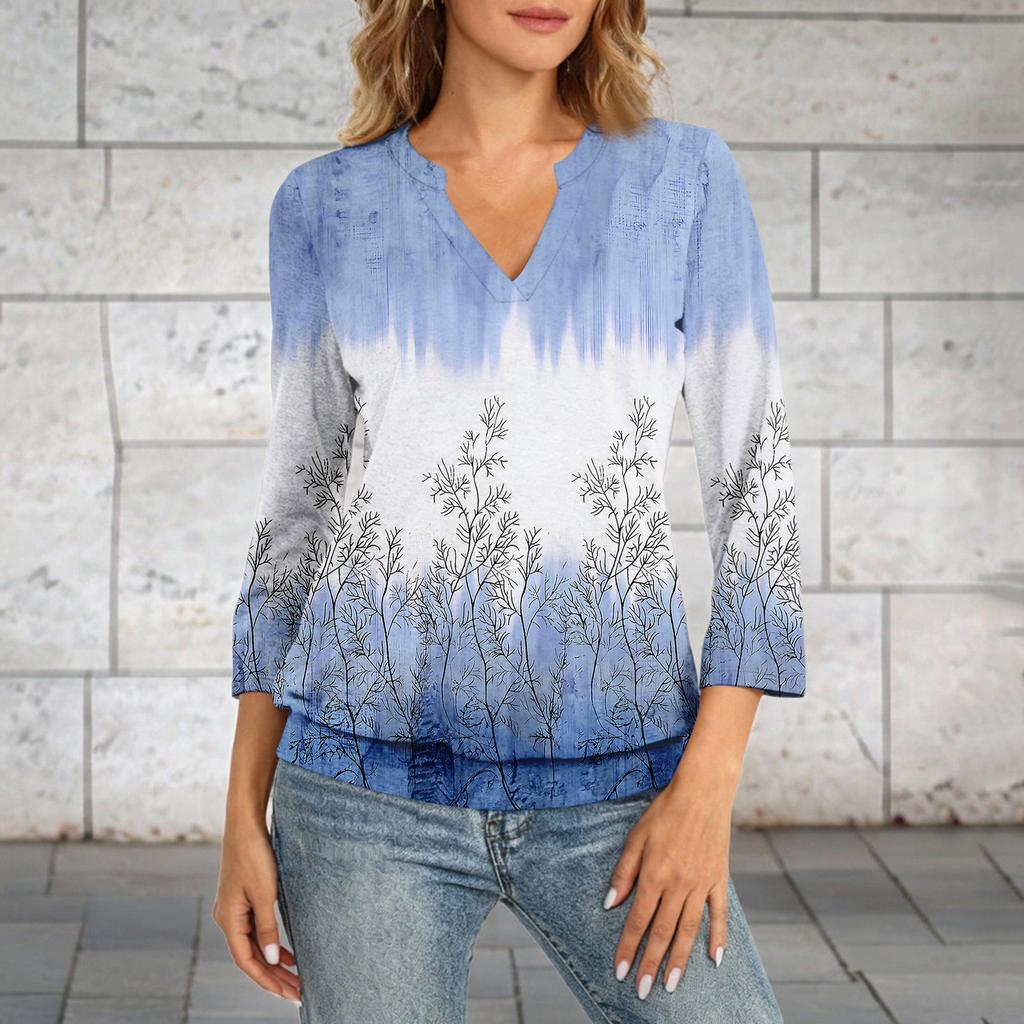 Damen 3/4-Ärmel Oberteil Hals Saum V-Ausschnitt Sommer Freizeit T-Shirt Vintage Bedrucktes Oberteil