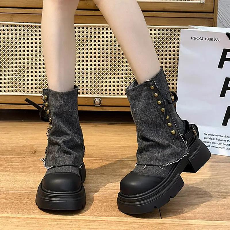 Fashion Ankle Boots for Women Denim Green Lightweight Woman Short Shoes Punk Style On Promotion Goth Autumn Chic and Elegant Hot Booties