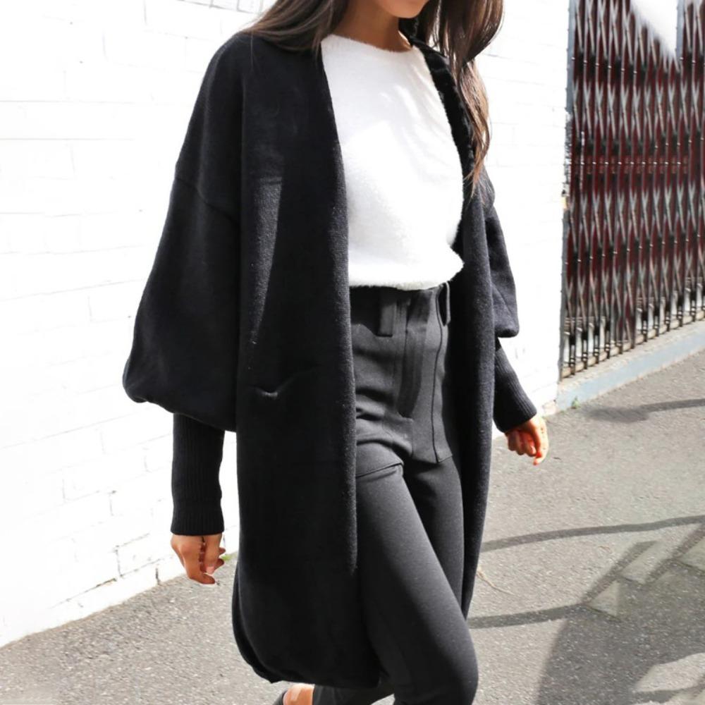 

Осенний женский однотонный свитер-кардиган с рукавами-фонариками L чёрный