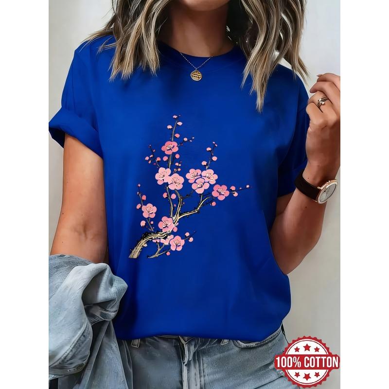 National Style Pink Plum Blossom Branch Print Women'S T-Shirt, New Chinese Literary Short Sleeve, Gentle Temperament Versatile Casual Top