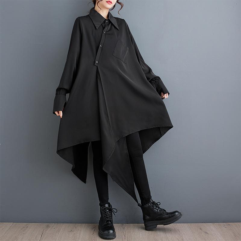Women's Shirt Collar Long Sleeve Shirt Dress Loose Fit Loose Waist Elegant Solid Midi Dress