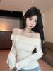 Temperament versatile bow one-word off-shoulder long-sleeved T-shirt slim-fitting and thin lace one-shoulder suspender design top