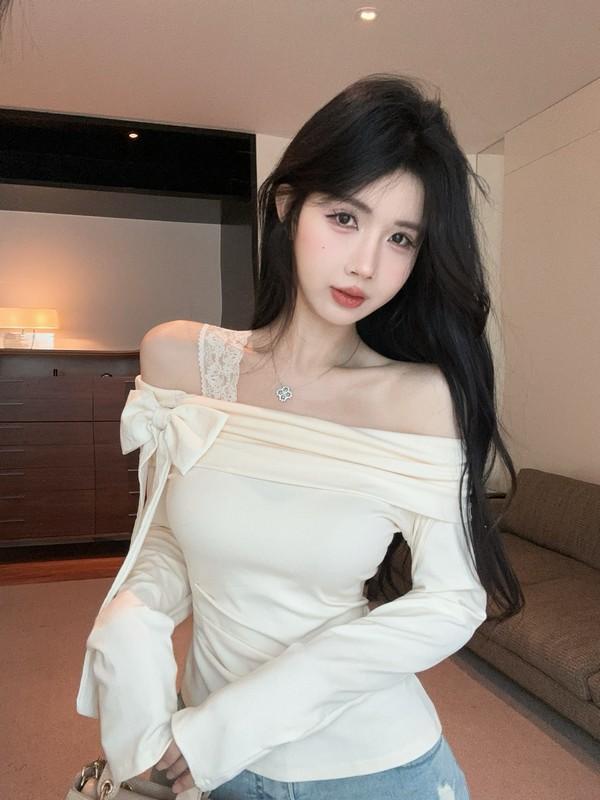 Temperament versatile bow one-word off-shoulder long-sleeved T-shirt slim-fitting and thin lace one-shoulder suspender design top