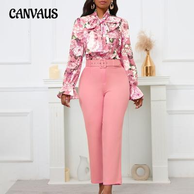 Women's Shirt Trousers Set Plus Size Spring and Autumn Fashion Printed Tie Long Sleeve Top High Waisted Suit Pants Casual Pants Set