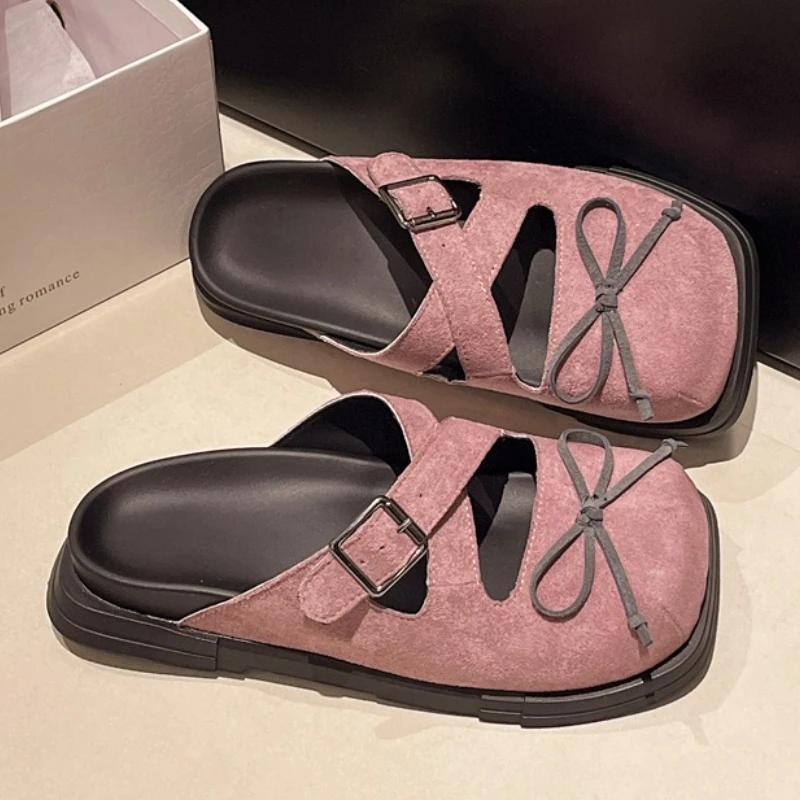 

Туфли-мюли женские с бантом, балетки, дизайнерские туфли, с квадратным носком, женские сандалии 2025, летние шлепанцы для ходьбы, женская обувь 40 фиолетовый