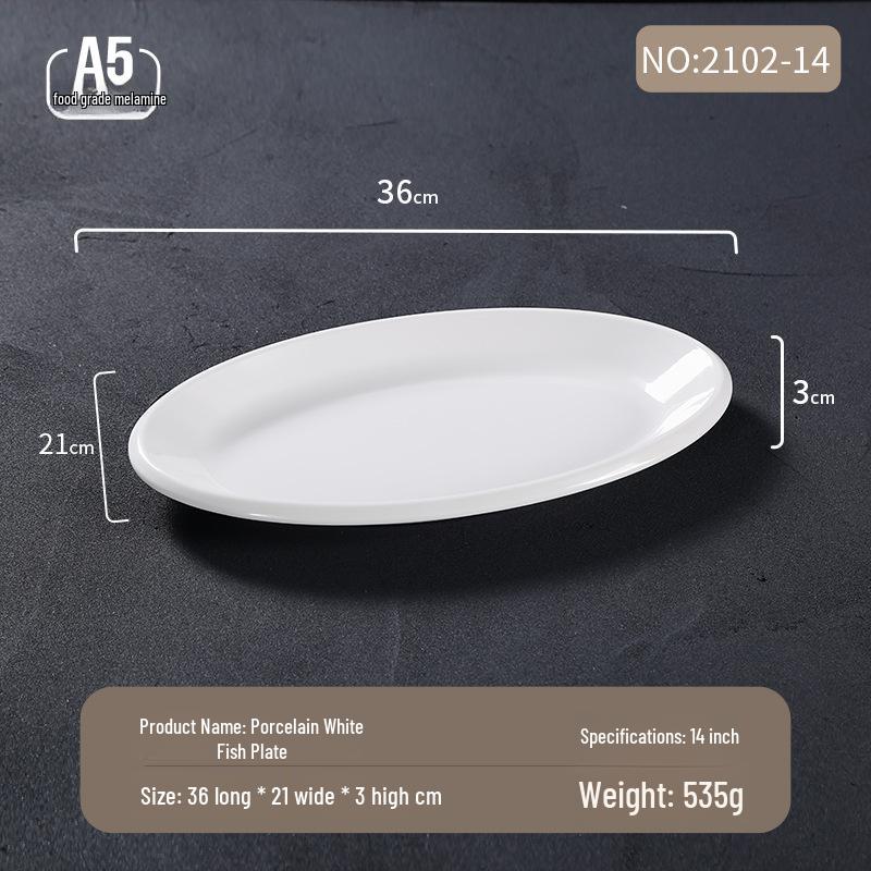 Melamine White Oval Fish Plate – Thickened Imitation Porcelain, 16-inch Large for Hotels