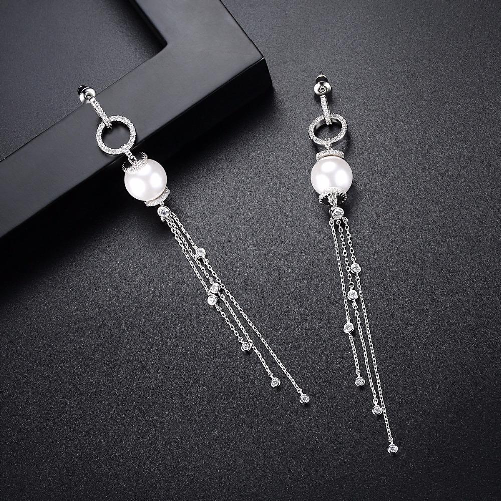 LUOTEEMI Silver Tone CZ Paved Circle with White Imitation Pearl Drop Multiple Chain Tassel Long Dangle Earring for Women Wedding