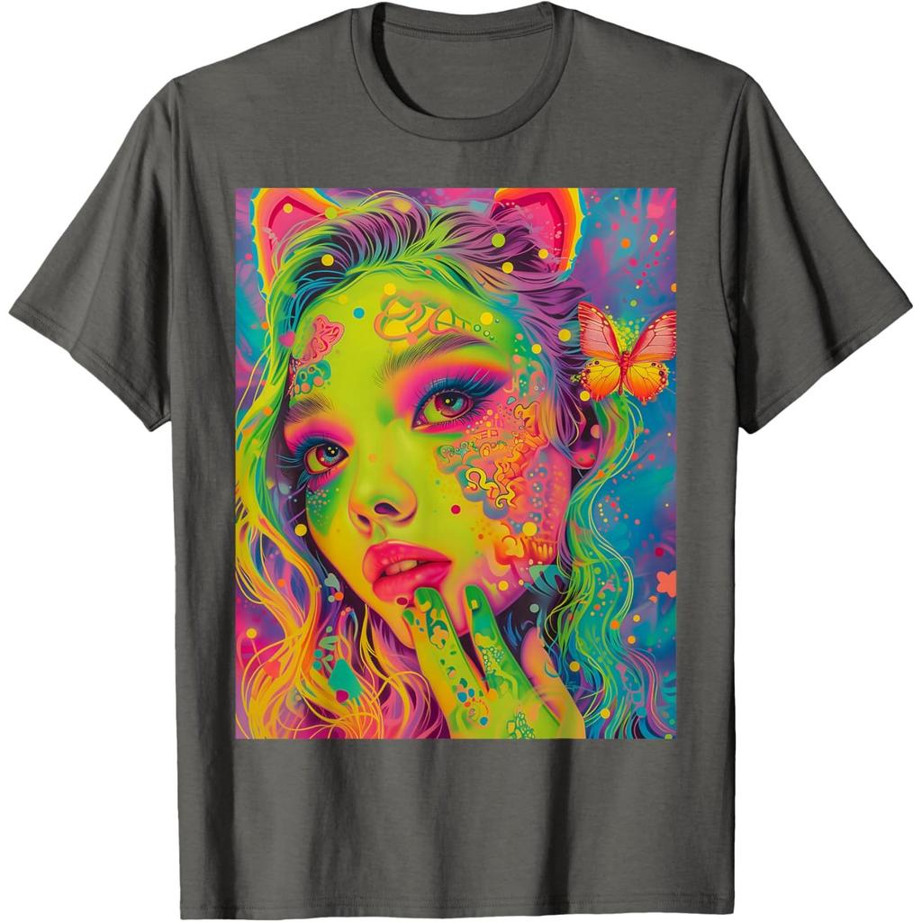 Vibrant Neon Girl Butterfly Graphic Tshirt Men Casual Oneck Print Short Sleeve Tee