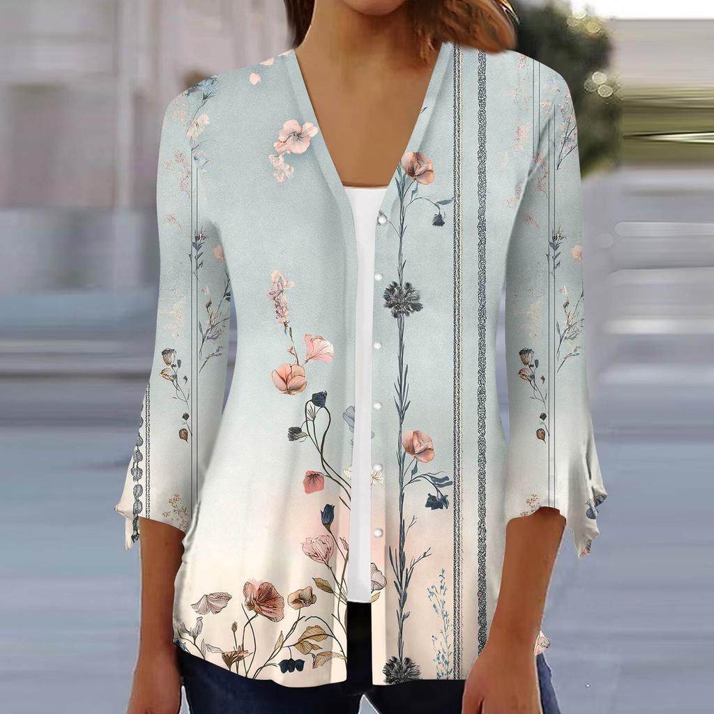 Women's Fashion Loose Casual Printed Seven-Part Sleeve Button Down Blouse Cardigan Top