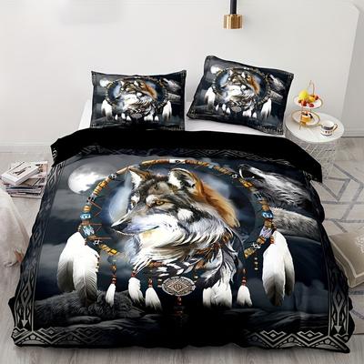 Parure de lit à imprimé attrape-rêves de loup de style ethnique - Literie douce, confortable et respirante pour la décoration de la chambre et de la chambre d'amis