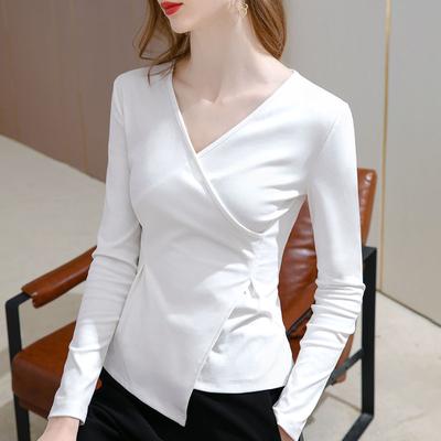 Camiseta Básica de Cuello en V para Mujer Nueva Camiseta de Algodón de Manga Larga con Cuello Cruzado para Mujer Diseño Irregular Top de Nicho