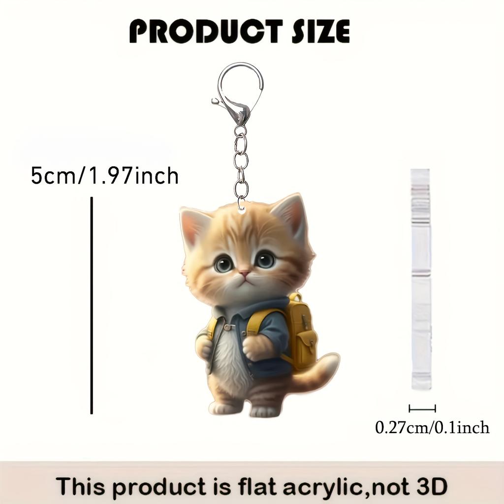 2D Flat Akryl Tegneserie Katt Nøkkelring - Søt Blå Jakke & Gul Ryggsekk Design, Ringspenne - Ideell Påskegave for Katteelskere