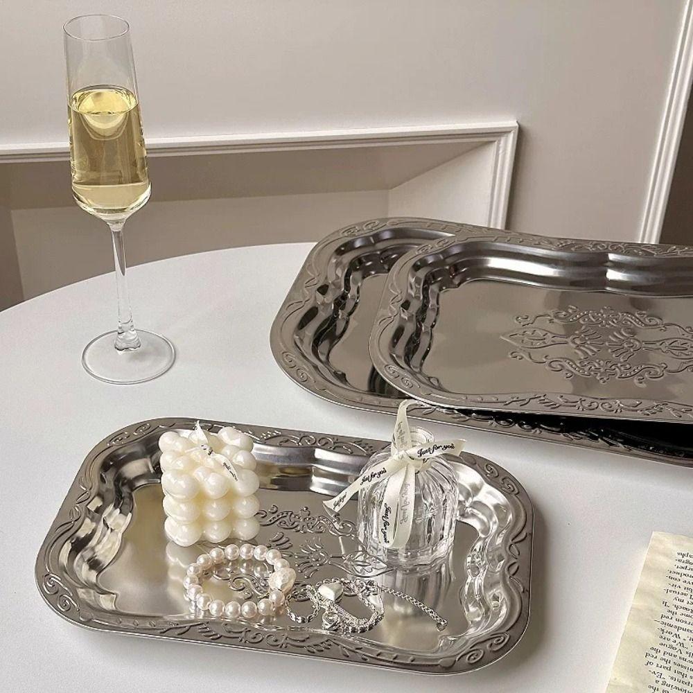 Stainless Steel Floral Dining Tray Rectangular French Vintage Fruit Snack Tray Refreshment Pallet Restaurant Commercial Storage