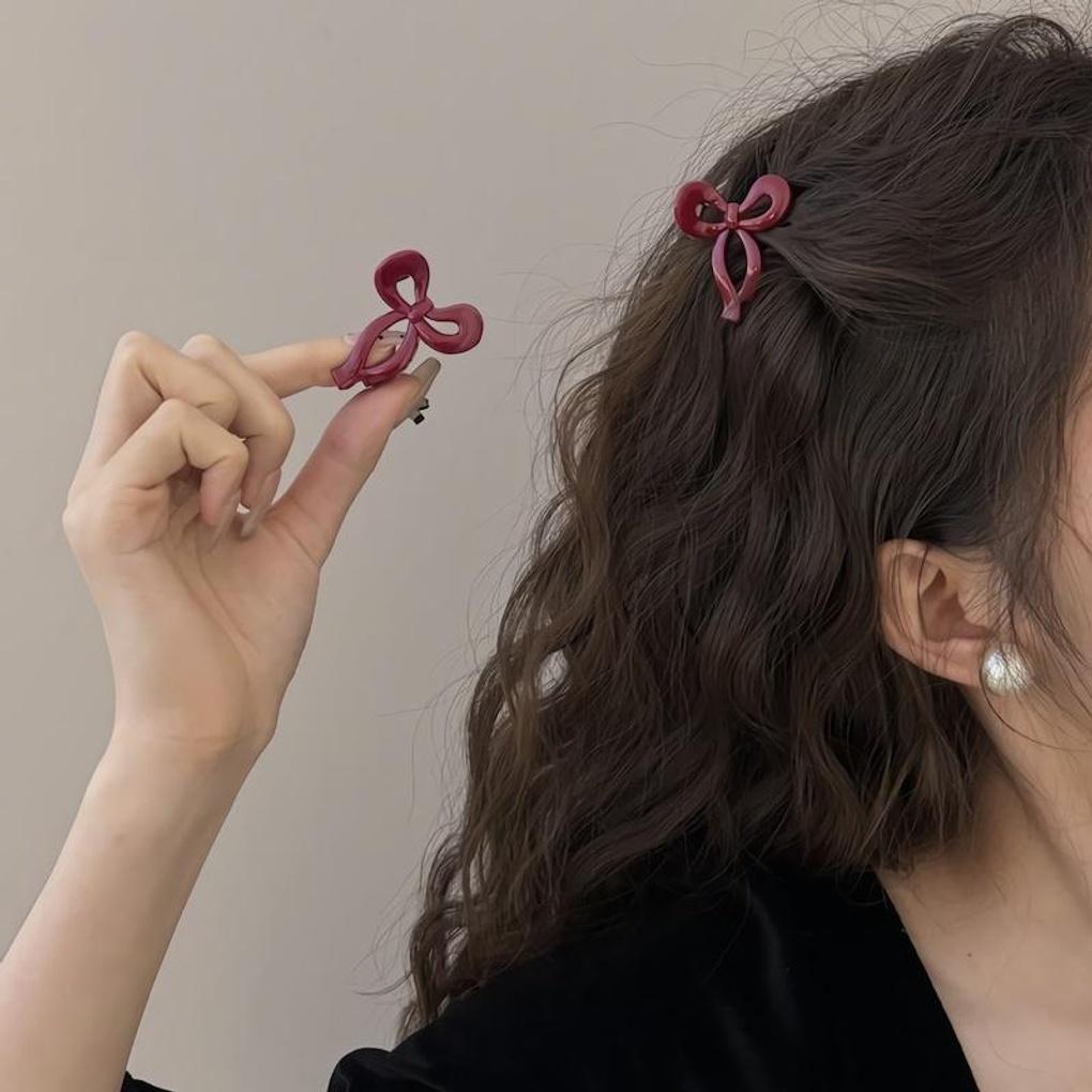 Women s Red Mini Ribbon Small Hair Clip Hairpin Red Ribbon