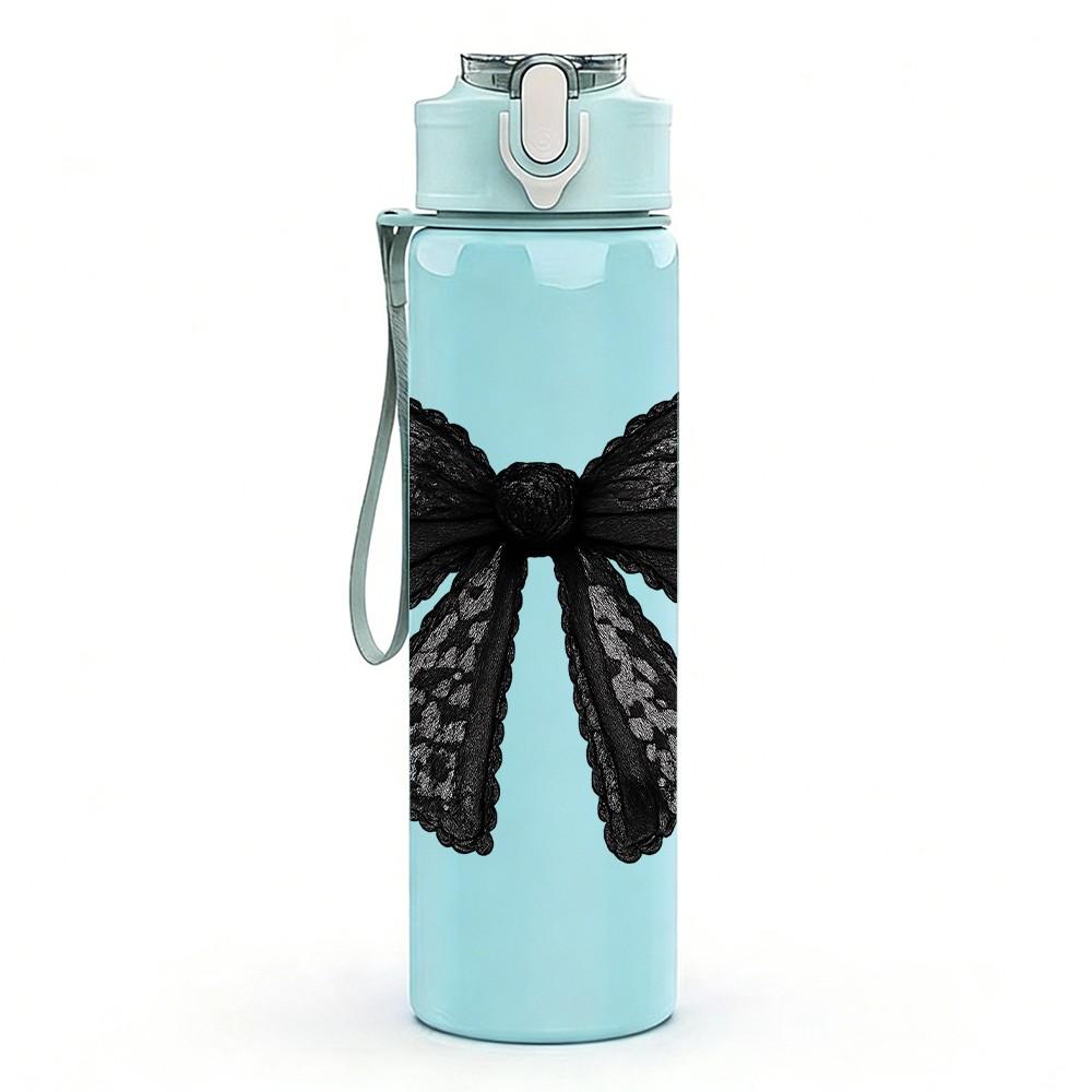 1PC Simple Large Black Coquette Bow 750ml Color Plastic Sports Water Bottle Leakproof Flip Straw Lid Suitable for Sports Office Home Use