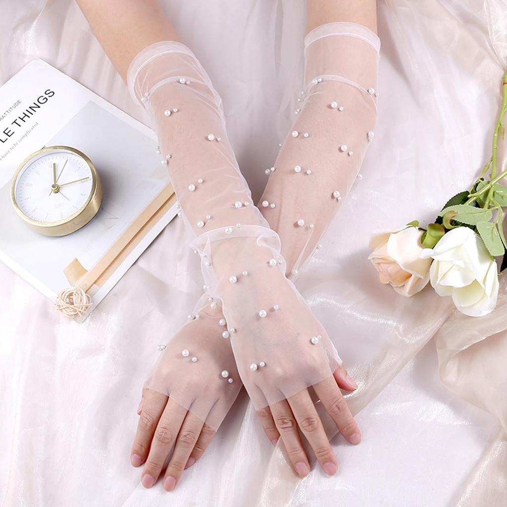 Damen Perlenbesetzte Durchsichtige Tüll Fingerlose Lange Armstulpen Braut Hochzeits Handschuhe Transparentes Netz Armabdeckung für Abendkleid Party Foto Requisiten