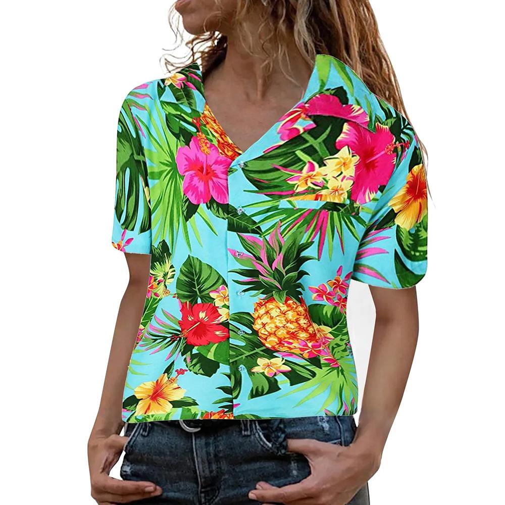 Stile Hawaiano Stampa 3D Monopetto Donna Camicia Hawaiana Moda Collo a Revers T-Shirt Estiva Manica Corta Donna