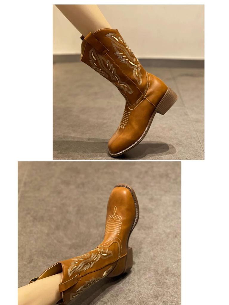He Sui Style Versatile Western Cowboy Boots: Summer Chunky Heel, Embroidered, Pull-On Mid-Calf with Square Toe, Riding Boots In Plus Size.