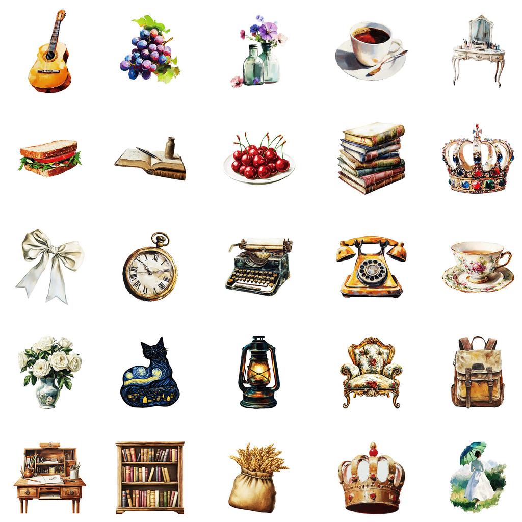 50 Ins Retro Style Various Hand-Painted Furniture Stickers Diy Creative Handbook Diary Decorative Stickers