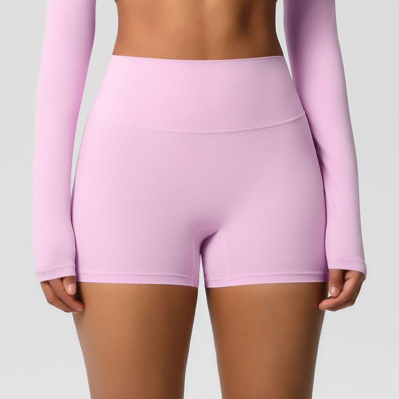 

New Arrival Pure Color Double-Sided Sanding High Waist Skinny Hip Raise Yoga Shorts Women s Fitness Exercise Shorts Quick-Drying Belly Contracting Shorts-Sakura Powder L