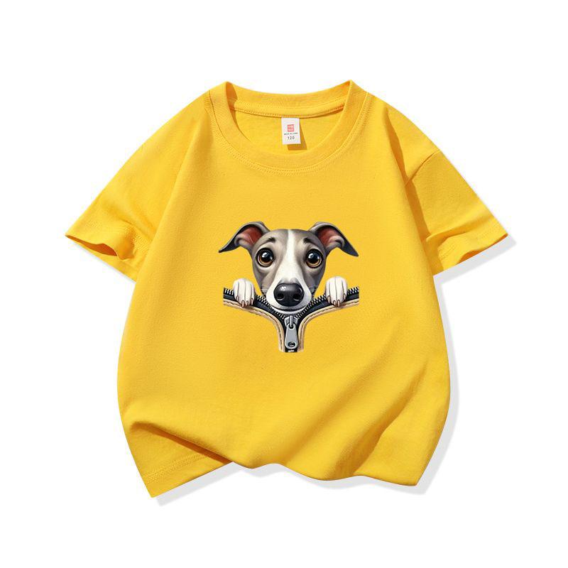 Kids Cotton T Shirt Adorable Whippet Dog Zipper Print Crew Neck Short Sleeve Tee Casual Breathable Boys Girls Summer Tops