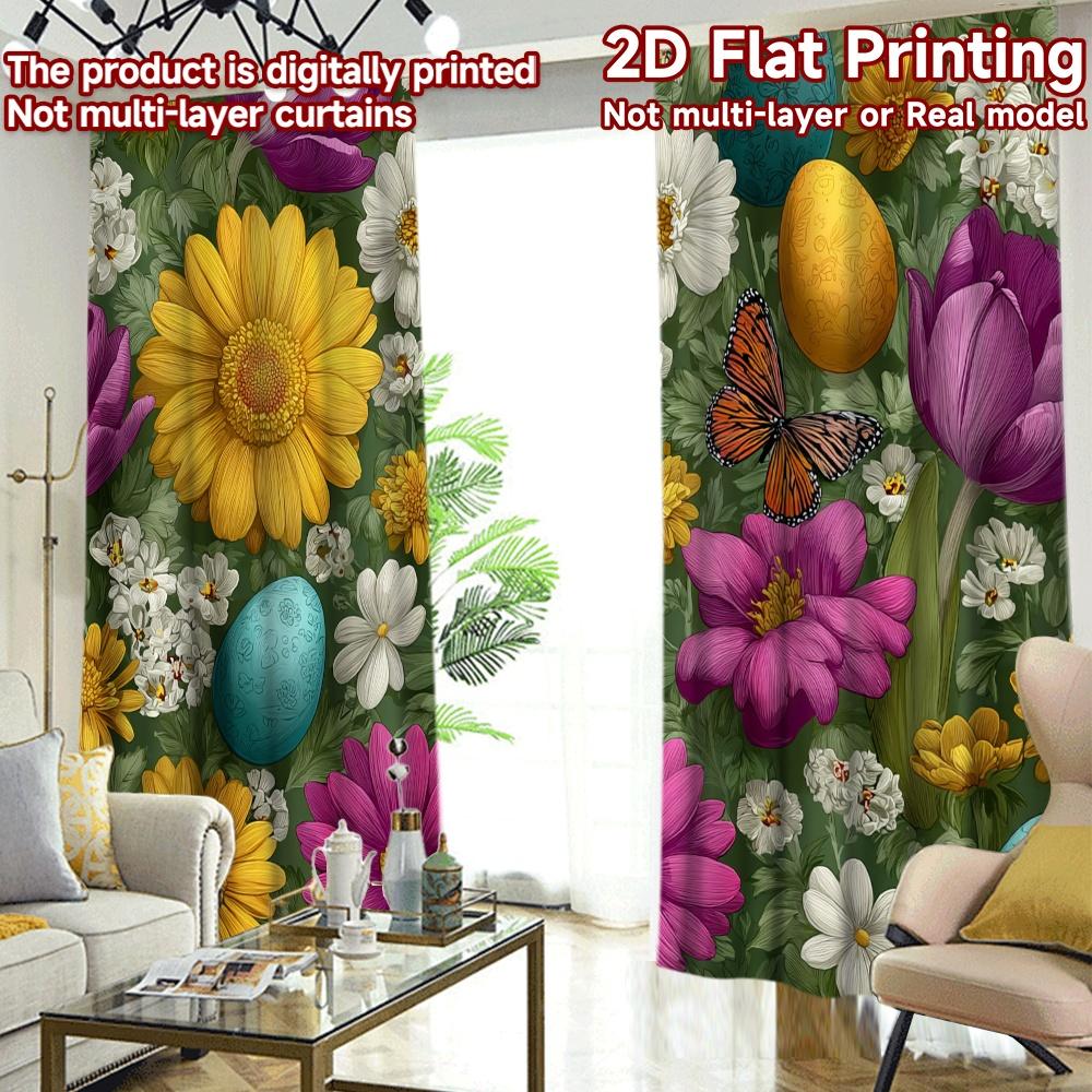 Moderne Flachdruck-Vorhänge ohne Stange Ostereier Blumen Modisches Vielseitiges Polyestergewebe Set aus 2 Stück Hergestellt