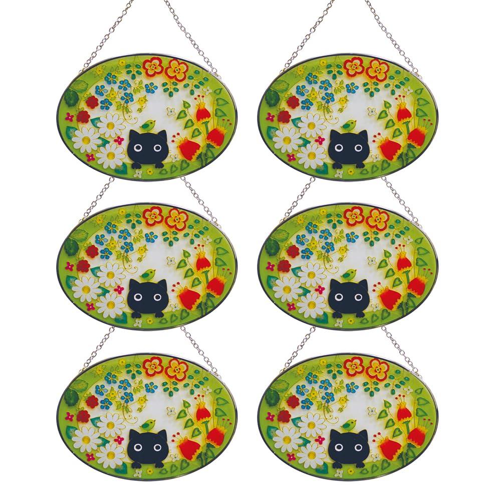 Fourcart Cute Handmade Glass Stained Frame Cat and Flower Oval x 6 Pieces