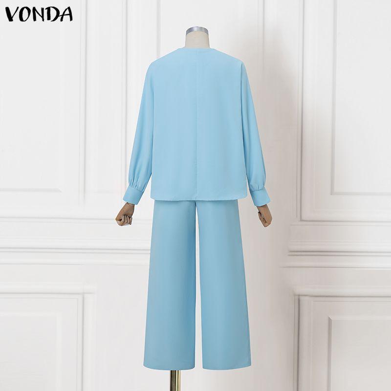 VONDA Two Piece Suit Women Deep V Neck Long Sleeve Blouse and Pants Casual Sets