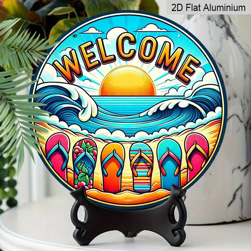 2D Flat Summer Beach "Welcome" Aluminum Decorative Signs and Plaques in Various Sizes. Flip-flop Summer Wave Pattern Wall Decorations Suitable for
