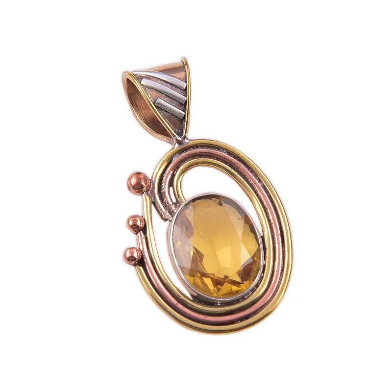 Natural Citrine Gemstone 925 Solid Sterling Silver Two Tone Pendant 1.50" J7c73