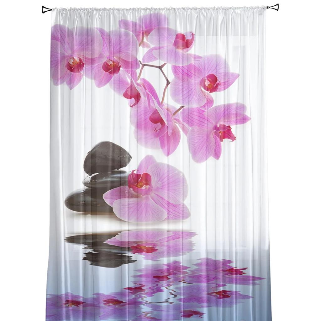 Flower Pink Orchid Reflection Sheer Curtains for Girl Kids Bedroom Kitchen Window Drapes Curtain Home Decoration